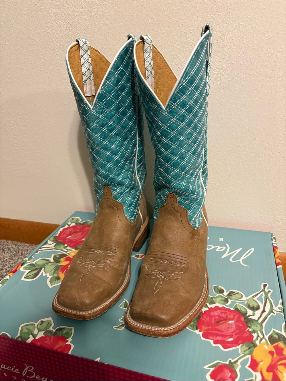 Macie Bean Teal Quilted Shaft Brown Leather Western Cowgirl Boots